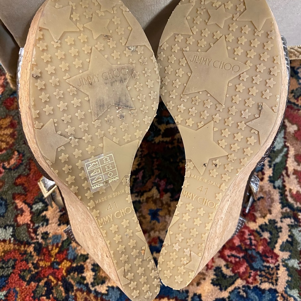Jimmy Choo Pela Silver T-Strap Cork Platform Wedge Sandal Size 41 - Picture 12 of 16